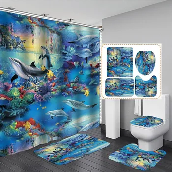Deep Sea 3D завеси за душ плат-водоустойчив океана Делфин баня завеса набор от капака на тоалетната мат нескользящий килим начало декор 5743
