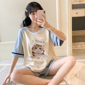 KISBINI Women Pajamas Set Letter Cat Printed дамски пижами 2020 лято чист памук с къс ръкав О-образно деколте Дамски домашно облекло 6105