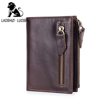 LAOSHIZI LUOSEN коровья кожата на мъжете е кратък чантата си небрежно естествена кожа мъжки портфейл Портфейл стандартни притежателите на карти портмонета за мъже подарък