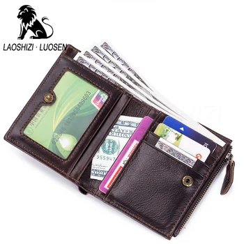 LAOSHIZI LUOSEN коровья кожата на мъжете е кратък чантата си небрежно естествена кожа мъжки портфейл Портфейл стандартни притежателите на карти портмонета за мъже подарък