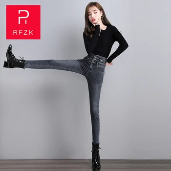RFZK участък дънки с висока талия плюс размера на дамски тесни дънки, панталони с дължина до глезена черен син повдигащ 2020 еластична, тънка градинска облекло 506