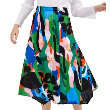 VKBN 2021 пролет и лято мода гънки дълги поли за жени принт цветен блок елегантна пола с висока талия жените 1221