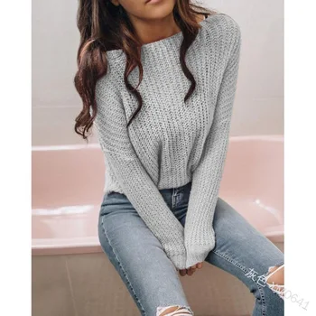 WEPBEL дамска мода свободен плътен цвят пуловер Есен Зима ежедневни О-образно деколте с открити рамене пуловер с дълъг ръкав вязаный пуловер 722
