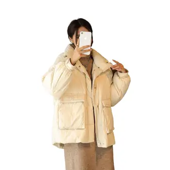 Бяла патица пуховик жени 2020 Нова есен и зима корейската версия на плътен цвят голям джоб кратко дебели палта 1461