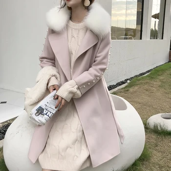 Високо качество на вълна палто жени 2019 Есен Зима писта дизайн на модата с дълъг ръкав перли женски дрешки 591