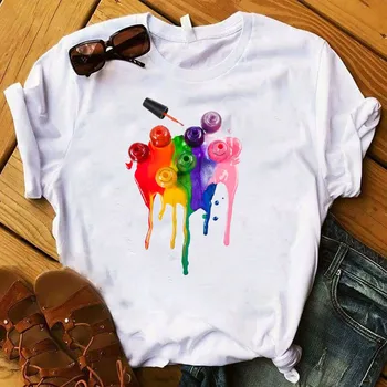 Женска тениска 3D Rainbow Nail polish print tee shirt femme vintage t shirt дамски дрехи Harajuku Summer Female Top Tee