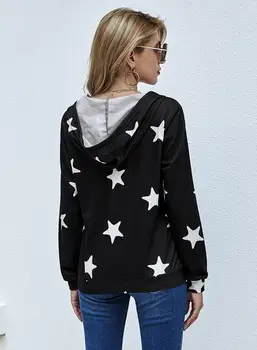 Звезди печат палто с качулка Дамски Ежедневни светкавица нагоре яке есен нова мода дрехи Дамски Тънка горна дреха дами черно палто 2020 784