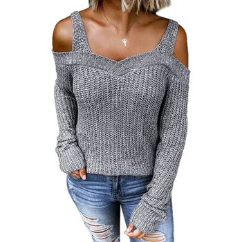 Зимна нов пуловер жена топ секси жартиери с открити рамене разнообразни блузи с дълъг ръкав обикновен цвят casual 1419