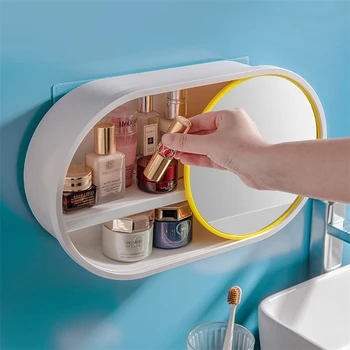 Козметичен кутия за съхранение с гъвкав огледало пробиване безплатно рафтове за съхранение на стенни стелажи тоалетка червило за съхранение на организатор 771