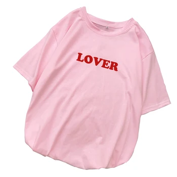 Корейски годишен любовник Писмо печат на тениска жените свободна градинска дрехи с къс ръкав тениска Femme Harajuku ежедневни блузи Camiseta Mujer 392