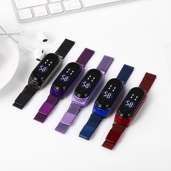 Луксозни led цифров часовник дамски модни неръждаема стомана магнитен каишка електронни дамски часовници гривна reloj digital mujer 59