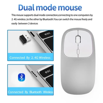 Метал Bluetooth и 2.4 G безжична мишка сплав ултратънък зареждане на преносими ергономична мишка за преносим компютър Mac Pc сребро 4815