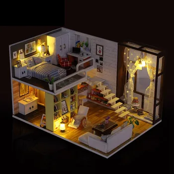 Направи си САМ миниатюрен модел на дома куклена къща с мебели LED 3D дървена къща играчки за деца, подарък ръчна изработка занаяти 2638