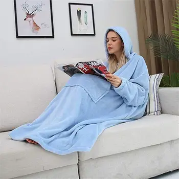 Нови копчета конци фланела удебеляване на топло одеяло големи hoody джоб кенгуру дълъг hoody пижами за жени 8367