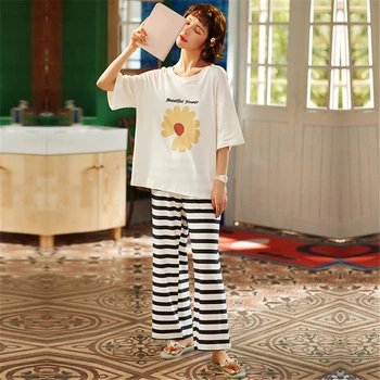 памук, домашно обслужване костюм дамски пижами с къс ръкав шарени панталони прости ежедневни елегантна пижама пижама памук ново записване 8089