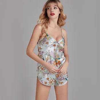 Пролет печатни копринени пижами жени лято секси бельо тънък Halter шорти комплект за домашно обслужване на ежедневни пижама комплект 2 бр. Пижама 11446