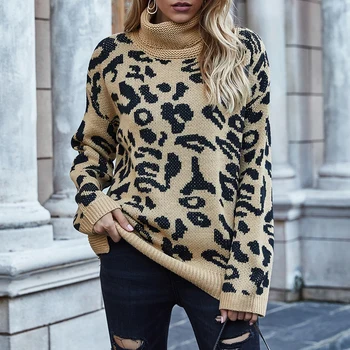 Пуловер пуловер женски 2020 есен и зима Нов леопардовый пуловер свободен плюс размер Ol Пригородная поло пуловер жени пълен 2686