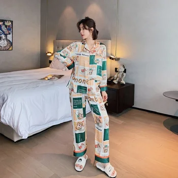 Сатен копринени пижами за жени комплект пижама бутон Pigiama Donna pjs зима Mujer Pijama пижами пижама 2 бр. XG-005 11195