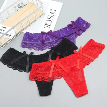 Секси Дантела Mesh Bow прозрачни гащи с ниска талия за жени Близки Underwear бикини G-string Calcinha дамски прашки бельо 6824