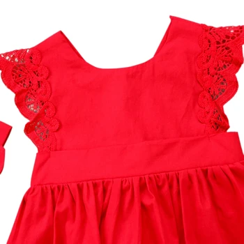 FashionSummer новородените момичета боди рокля без ръкави от памук и дантела гащеризон лук коса група червена дрехи, определени за момичета 7887