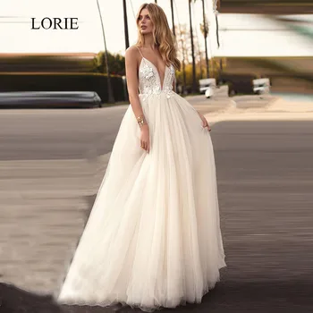 LORIE Ladies Beach Wedding Dresses A Line бял тюл Секси облегалка апликация с цветя Безплатна доставка сватбени рокли 2018 2351