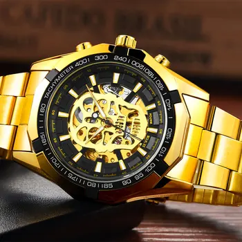 SEWOR череп Златен скелет механични часовници мъжки часовници е от неръждаема стомана луксозни военни автоматични часовници за мъже Relogio Masculino 10224