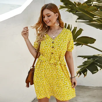XL-4XL жълт цвят плюс размера на мини-часово ежедневното рокля мода с къс ръкав V-образно деколте, сарафан с колан лук Дама ежедневни облекла 593