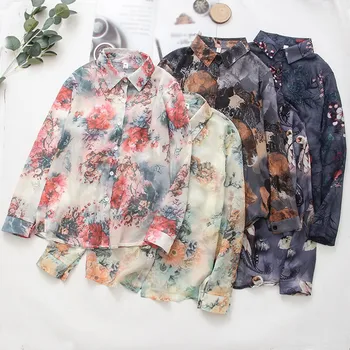 Дамски ризи с флорални принтом Есен есен облекло свободен отдих слънцезащитен крем блуза с дълъг ръкав 176