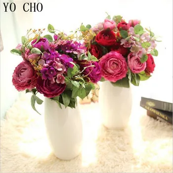 ЙО CHO изкуствени цветя Божур сватбена украса коприна фалшив 3 цветове на растения за домашно парти Коледа Орхидея моделиране Роза 2948