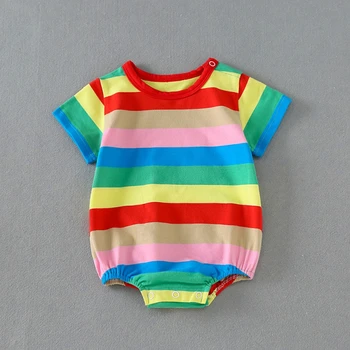 Летни Дрехи За Новородени Baby Boy Girl Rompers Rainbow Stripe Baby Гащеризон Екипировки Игрални Костюми 1028