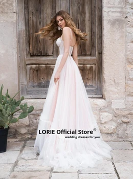 Лори Принцеса сватбени рокли 2020 спагети каишка плаж сватбени рокли розово във обратно чрез шнурове ръкави mariage Безплатна доставка 1179