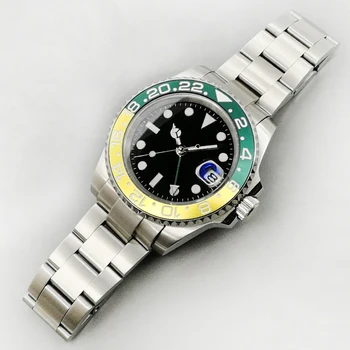 Модерни сини / зелени висококачествени мъжки часовник GMT, корпус от неръждаема стомана, 40 мм, с верижка за часовник, сапфирен кристал въртяща се керамична рамка 5307